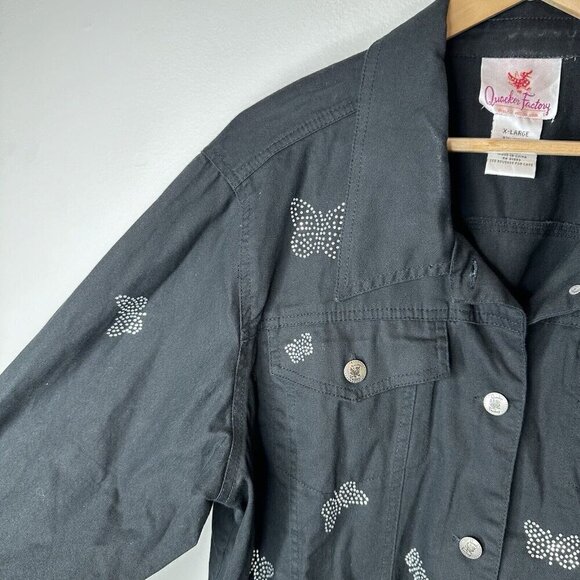 Quacker Factory Jacket Womens Sz XL Black Denim Jean Butterfly Rhinestones Gems - Picture 3 of 9